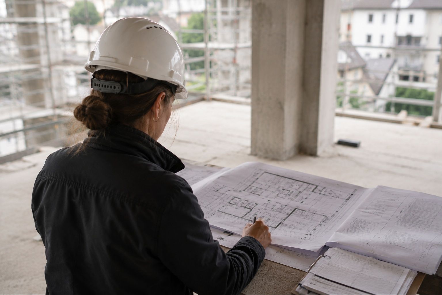 Réunion de chantier, chef de projet sur plans d'exécution, mission AMO immeuble collectif