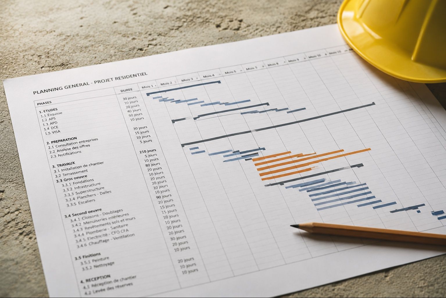 Planning Gantt de chantier imprimé, pilotage d'opération immobilière, Ideo Habitat