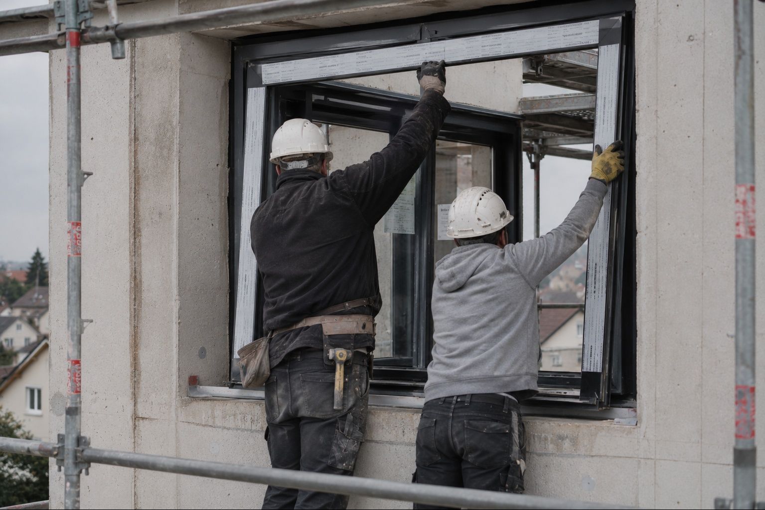 Pose de menuiserie extérieure sur immeuble collectif  en chantier, mission AMO reprise d'opération, Île-de-France